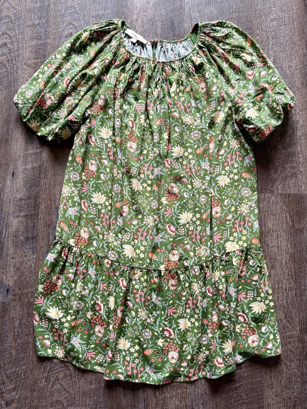 LOFT Green Floral Gathered Waist Dress